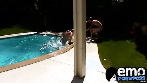 Cute pierced twink gets spitroasted hard by his two pals