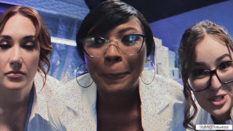 Three shemale sexdolls fuck a scientist
