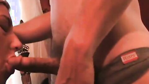 FuckingStraightBoys.com - Two muscle jocks enjoy sucking by tattooed babe in mmf trio