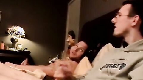 JoeSchmoeXXX.com - Two amateur freaks jerk off together in a cheap motel room