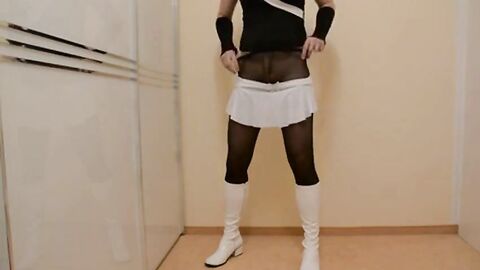 Crossdresser twink wanks in pantyhose and cums hard