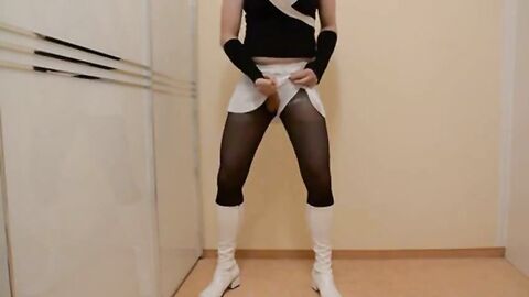 Crossdresser twink wanks in pantyhose and cums hard
