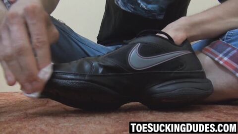 Skinny twink cleans shoes with tongue then jerks off solo
