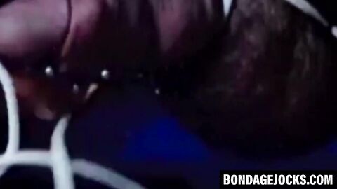 Submissive man choked in a rough dominating threesome