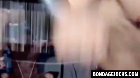 Submissive man choked in a rough dominating threesome