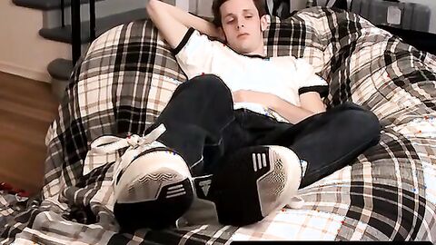 Jarrod jerks hard and spurts cum across his body