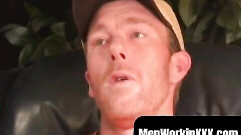 MenWorkinXXX.com - Mature amateur gay strips after an interview and jerks off vigorou