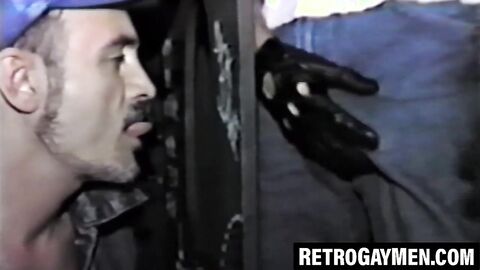 Vintage jock throatfucked hard through glory hole wall