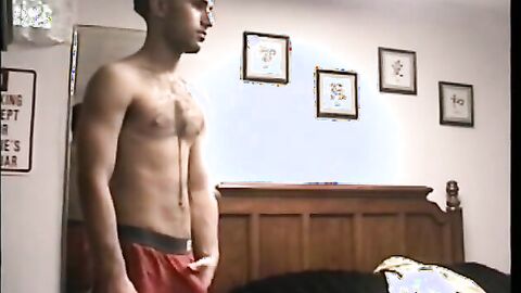Skinny pirate strokes his cock fast in the motel mirror