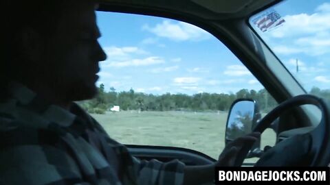 Submissive jock dominated outdoors by wild hunk