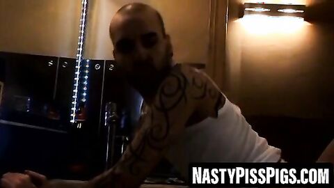 Filthy piss boy takes deep toys then rough fucking