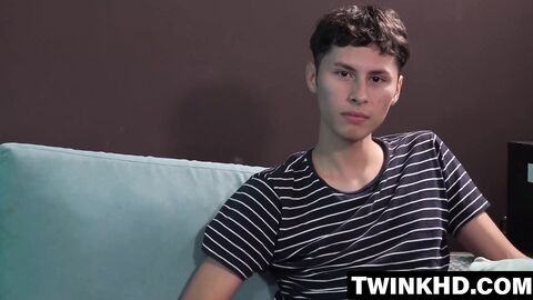 Skinny Dimitri Vega jerks furiously after choking on cock