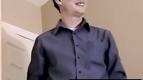 Twink Jack jerks glasses fogging orgasm on leather couch