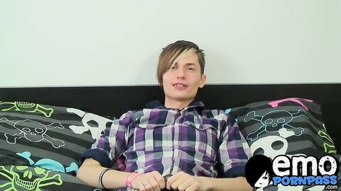 Skinny twink reveals his big uncut dick and jerks off