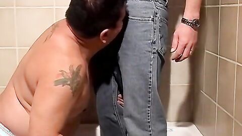 Piss fetishist sucks cock after licking piss stains