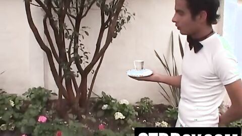 Cute Latino twink rides hard boner outdoors naked