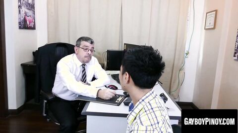 Daddy sucks and fucks two Asian twinks at the office hard