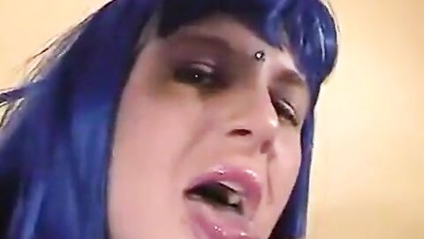 Blue-Haired Crossdresser Sucks Amateur Cock