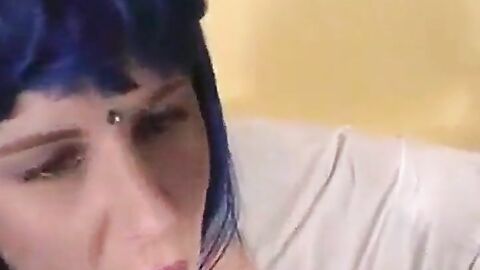 Blue-Haired Crossdresser Sucks Amateur Cock