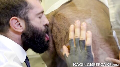 Businessman Markus Kage rims and rips Teddy Torres hairy ass at work