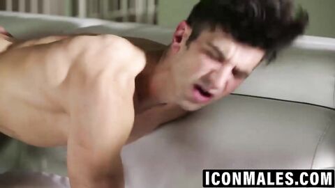 Andy kneels to service his boss's massive erect cock