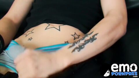 Young emo twink strokes his big uncut dick and cums solo