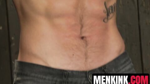 Cliff Jensen bound and tormented before barebacking bottom Matthew Singer