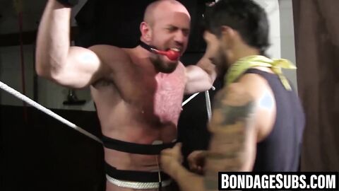 Bald dude bound and gagged for dominant master's pleasure