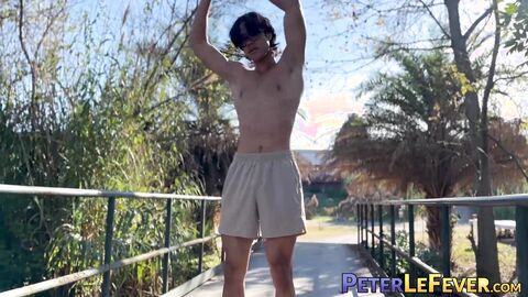 Handsome Asian American jock Jay Wu works out and tugs his erect cock