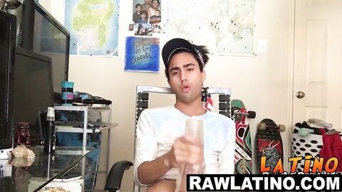 Tattooed Latino twink tugs his fat dick till eruption