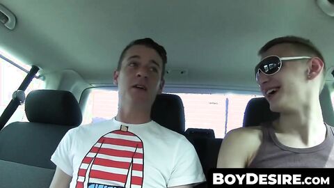 BoyDesire.com - Skinny gays' car-riding anal threesome and cum-swapping