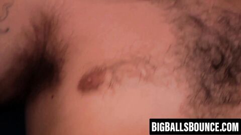 Hairy gay with shaved balls strokes cock watching porn