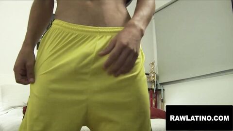 Latino twink jerks till cum sprays across the room