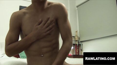 Latino twink jerks till cum sprays across the room