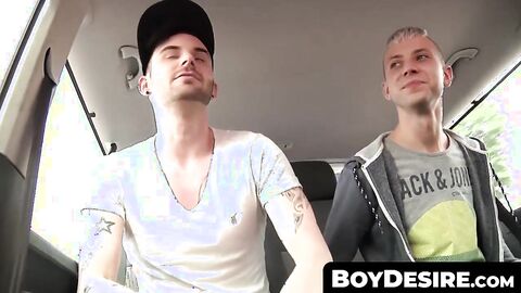 BoyDesire.com - Homosexual's moving car spitroast and cum-soaked anal adventure