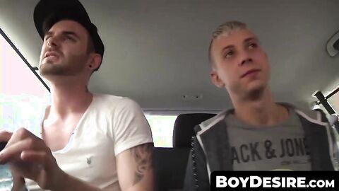 BoyDesire.com - Homosexual's moving car spitroast and cum-soaked anal adventure
