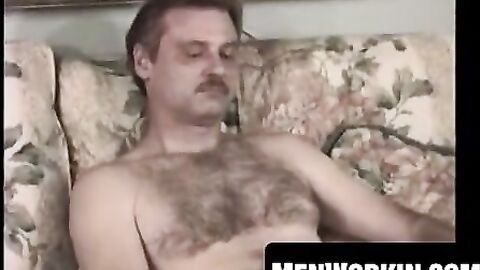 Crazy old bastard tugs his hairy cock solo