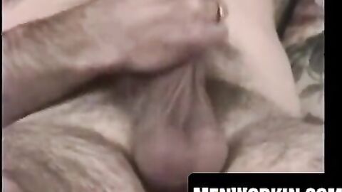 Crazy old bastard tugs his hairy cock solo