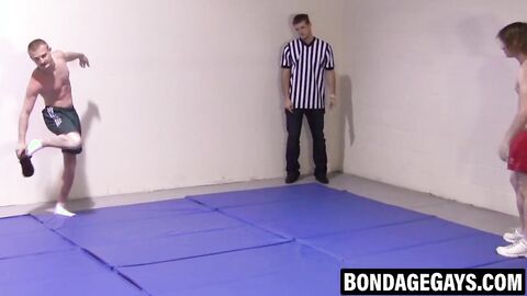 Slender young gays wrestle brutally before passionate fucking