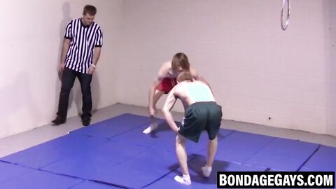 Slender young gays wrestle brutally before passionate fucking