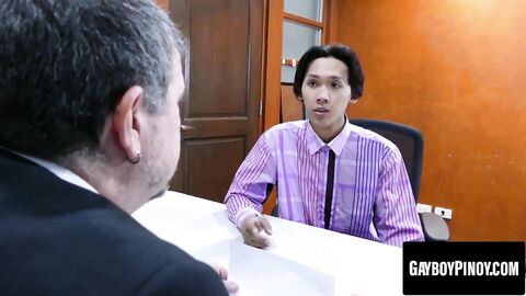 Daddy and Asian twink Freddy fuck hard in the conference room