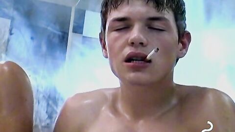 Lovely twink jerks everything off his cock and shoot his cum