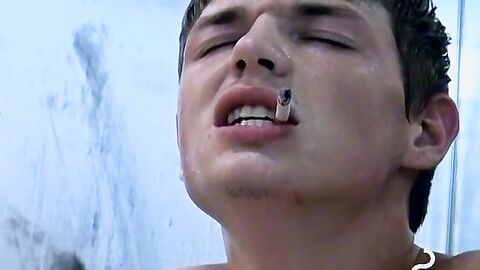 Lovely twink jerks everything off his cock and shoot his cum