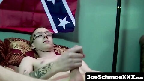 JoeSchmoeXXX.com - Skinny amateur twink with glasses spanks cock and cums hard