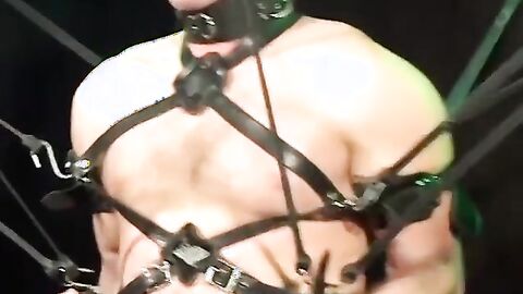 Bigg Pete struggles against chains tied down to his balls