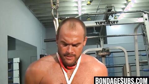 Tattooed muscle god dominates restrained stud mercilessly