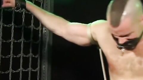 Bigg Pete hands bound and balls roped down to his toes