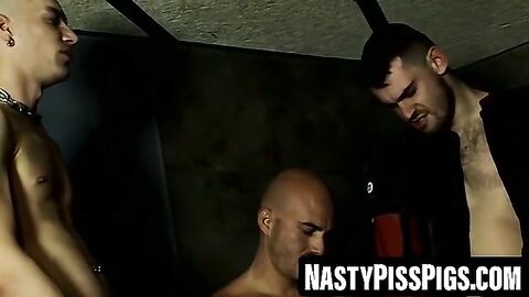 Tatted studs suck cocks at wild piss gangbang