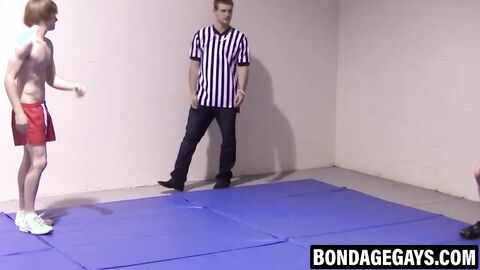 Slim gays spar intensely while stripping naked with hard cocks