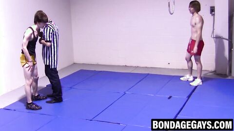 Slim gays spar intensely while stripping naked with hard cocks